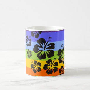 Caneca De Café hibisco floresce em preto listras coloridas