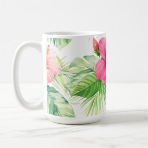 Caneca De Café Hibisco Rosa Palmeira Tropical Aquarela