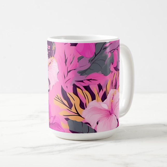 Caneca De Café Hibisco Rosa Tropical - Design Floral Folha (Frente Esquerda)