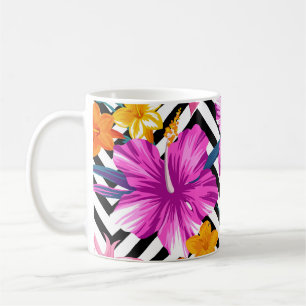 Caneca De Café hibisco tropical, palmeiras, geométrico.
