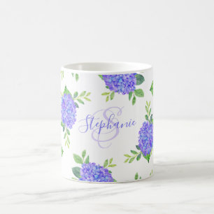 Caneca De Café Hidrangea Aquarela Floral Moderna Monograma
