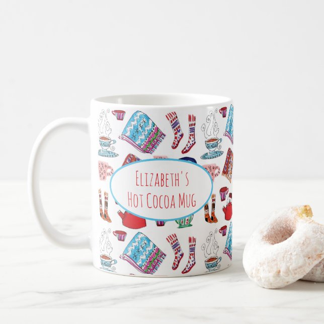 Caneca De Café Higiene, Ilustrada À Mão De Inverno, Cuta De Cacau (Com Donut)