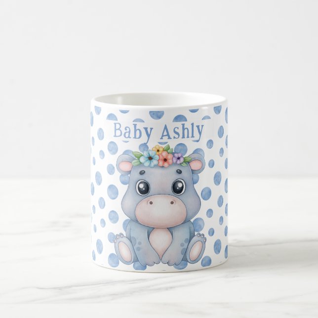 Caneca De Café Hipopótamo fofo com nome de bebê bolinhas azuis (Centro)