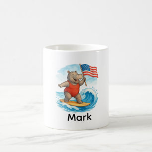 Caneca De Café Hipopótamo Surfista Surfando no Dia da Independênc