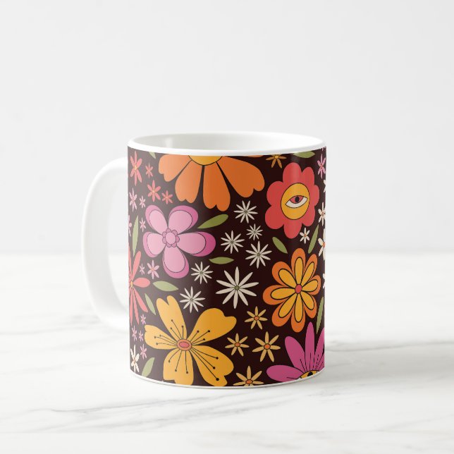 Caneca De Café Hippie Psychedelic 70 Groovy Flowers Olho Padrão (Frente Esquerda)
