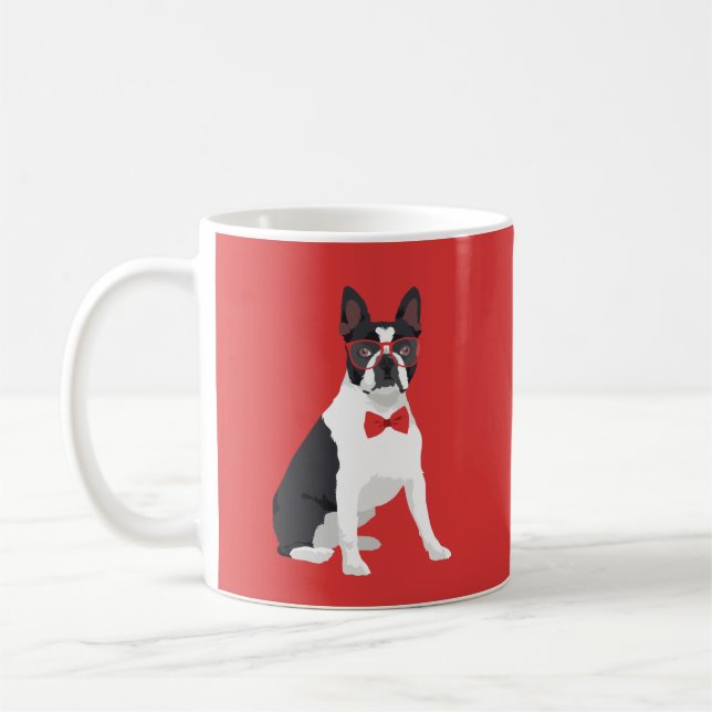Caneca De Café Hipster Boston Terrier com vidros & laço vermelhos (Esquerda)