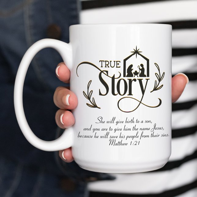 Caneca De Café História verdadeira Natal religioso (Christmas Nativity Mug with Scripture. "She will give birth to a son")