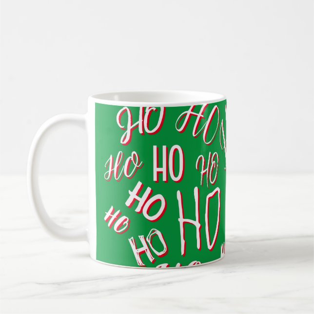 Caneca De Café HO HO Padrão de texto de Natal branco verde (Esquerda)
