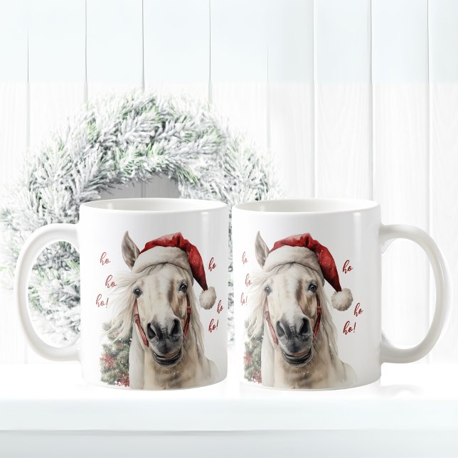 Caneca De Café Ho Ho! Papais noeis Engraçados (Horse with Santa Hat Laughing with text ho ho ho!)