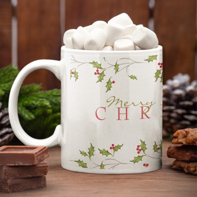 Caneca De Café Holiday Holly Editable Mug (Merry Christmas Red Holly Coffee Mug)