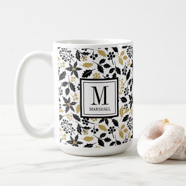 Caneca De Café Holly Berries Black Gold Name Monogram Christmas (Com Donut)