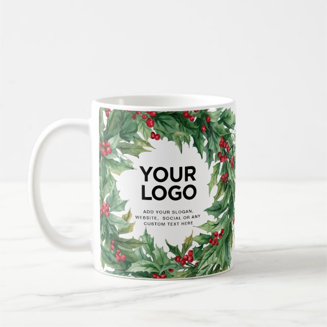 Caneca De Café Holly Berry Christmas Business Logo Text (Esquerda)