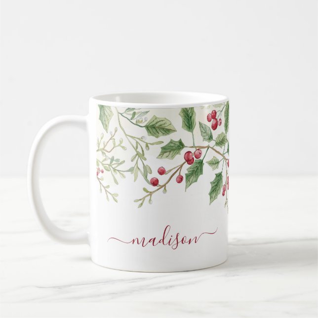 Caneca De Café Holly Berry Christmas Holiday | Custom Script Name (Esquerda)