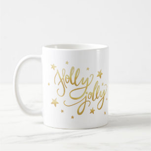 Caneca De Café Holly Jolly   Elegante Dourado Faux Foil Script