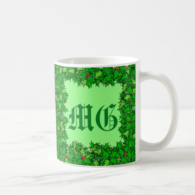 Caneca De Café Holly Wreath com Monograma, Deep Green Coffee Mug (Direita)