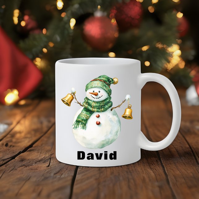 Caneca De Café Homem de Neve Verde de Natal com Sinos (Green Scarf Christmas Snowman with Bells Coffee Mug
)