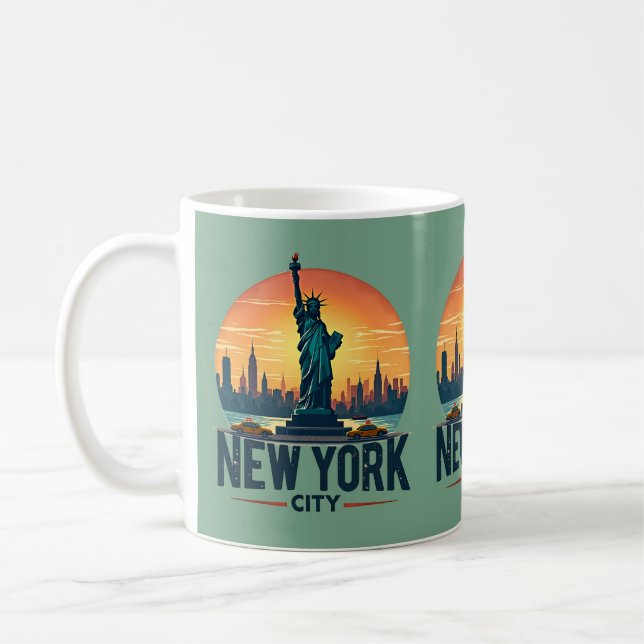 Caneca De Café Horizonte Retro de Nova York com Estátua da Liberd (Esquerda)