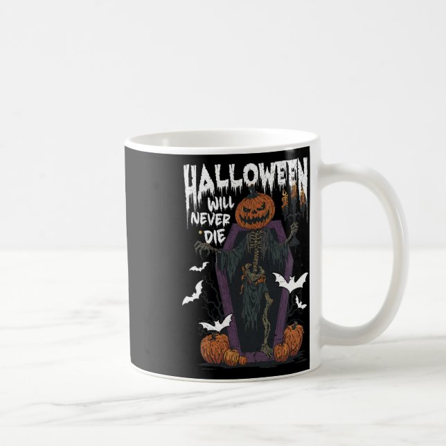 Caneca De Café Horror Retro Spooky Halloween Nunca Morrerá Engraç (Direita)