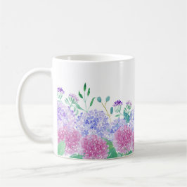 Caneca De Café Hortênsias Roxas e Azuis em Aquarela