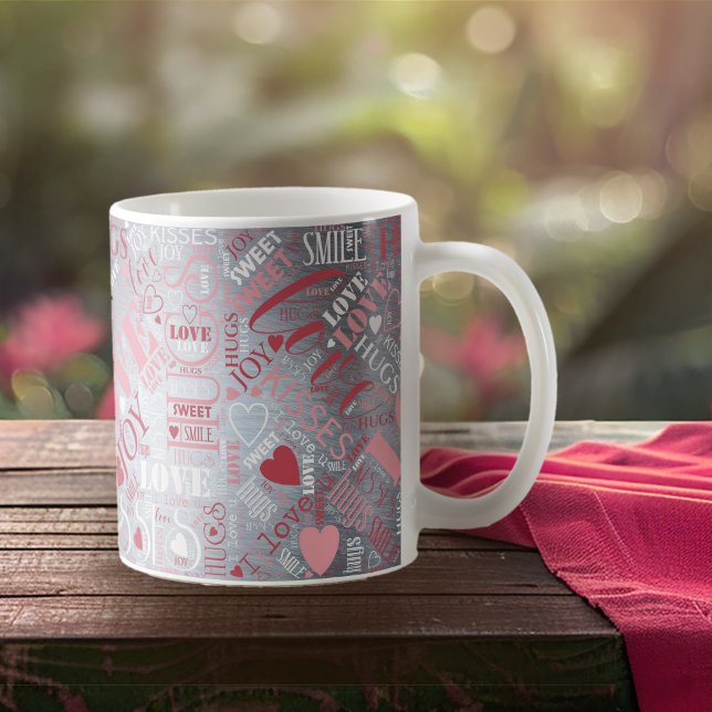 Caneca De Café Hugs e Kisses Word Cloud Pink/Silver ID286 (Criador carregado)