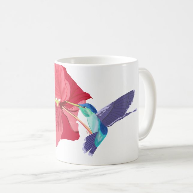 Caneca De Café Hummingbird azul e verde e Red Hibiscus   (Frente Esquerda)