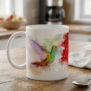 Caneca De Café Hummingbird com flor Watercolor - 03
