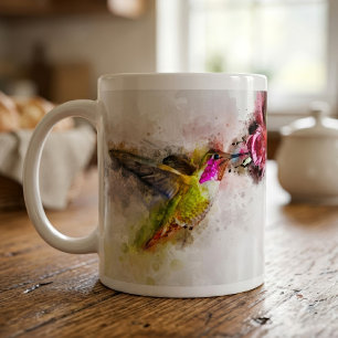 Caneca De Café Hummingbird com flor Watercolor - 04