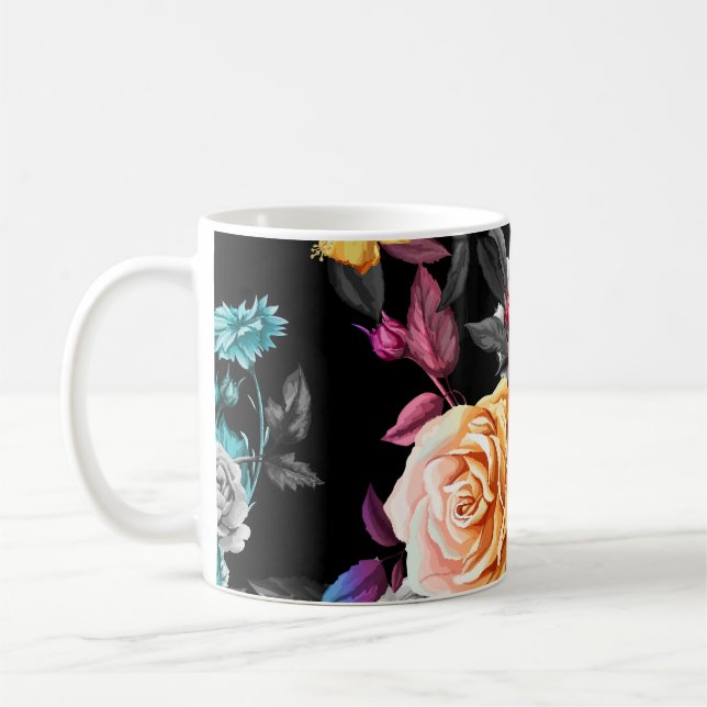 Caneca De Café Hummingbird, rosas: fundo negro de aquarela (Esquerda)