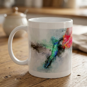 Caneca De Café Hummingbird voando com flor Watercolor - 01
