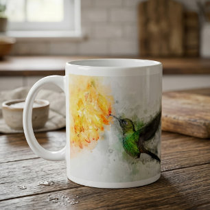 Caneca De Café Hummingbird voando com flor Watercolor - 02