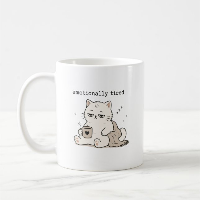 Caneca De Café Humor de Gato Fofo Cansado Emocionalmente (Esquerda)