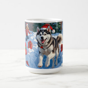 Caneca De Café Husky Siberiano Correndo na Neve com Chapéu de Nat