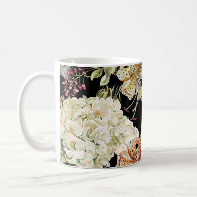 Caneca De Café Hydrangeas de Aquarela Lírios: Padrão Floral (Esquerda)