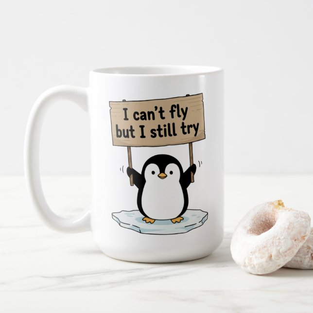 Caneca De Café “I can’t fly but I still try” cute penguin (Com Donut)