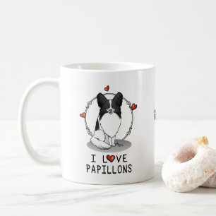 Caneca De Café I Love Papillons (branco e preto) Hearts Dogs Cute