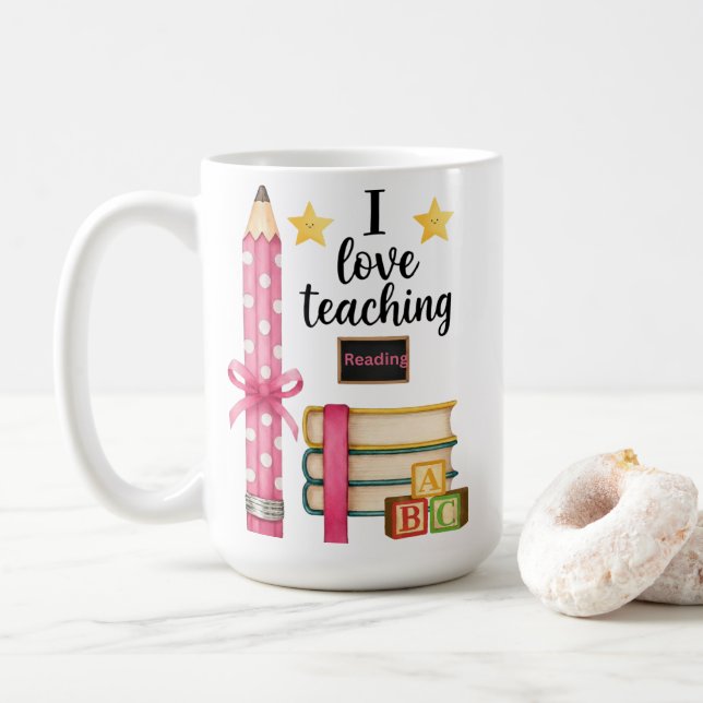Caneca De Café I love teaching reading teacher coffee mug  (Com Donut)