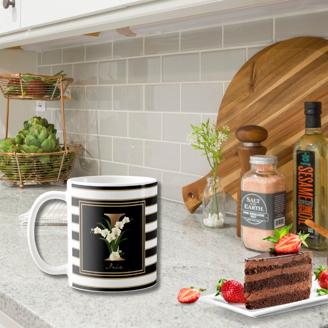 Caneca De Café I Monograma Floral Dourado | Douradas Bandas branc (Criador carregado)