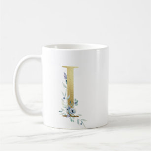 Caneca De Café I ouro inicial com folhagem floral azul