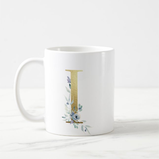 Caneca De Café I ouro inicial com folhagem floral azul (Esquerda)