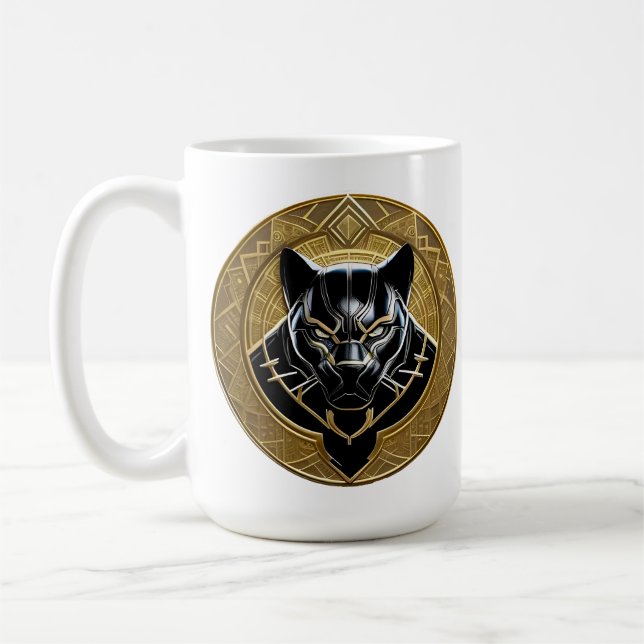 Caneca De Café Ícone da Pantera Negra com Fundo Geométrico Dourad (Esquerda)