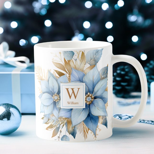 Caneca De Café Icy Blue Dourada Poinsettia MONOGRAM Natal (Icy Blue Gold Poinsettia Christmas MONOGRAM Coffee Mug)