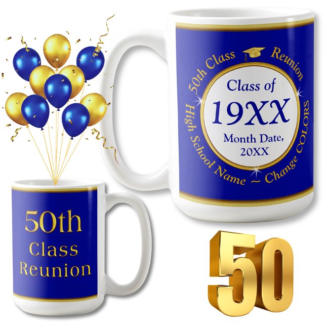 Caneca De Café Ideias de Reunião Personalizadas, de Classe, 50 an (Blue and Gold, 50th Class Reunion Souvenirs, Personalized, 50th high school reunion ideas. 50 year.)