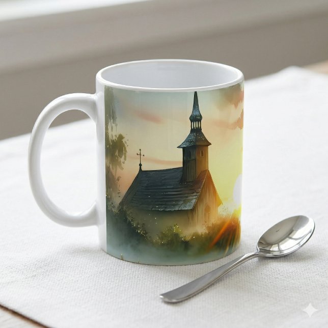 Caneca De Café Igreja do Sol Nascente com Pássaros em Prado Nebul (Sunrise Church with Birds in Misty Meadow No Verse Coffee Mug On Kitchen Counter)