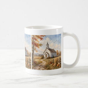 Caneca De Café Igreja Rural de Outono Paisagem Aquarela