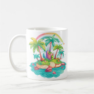 Caneca De Café Ilha Tropical com Palmeiras e Arco-Íris