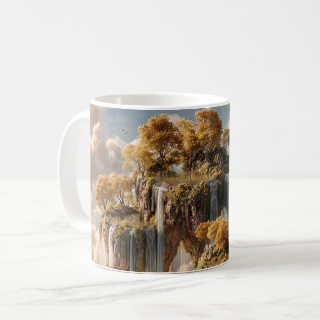 Caneca De Café Ilhas Flutuantes Surreais Com Árvores Douradas (Frente Esquerda)