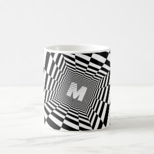 Caneca De Café Ilusões Ópticas Pretas e Brancas, Monograma Branco