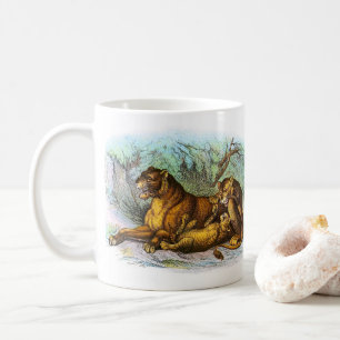 Caneca De Café Ilustração Animal Da Vintage Lioness E Cubs