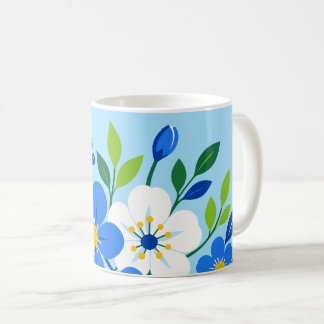 Caneca De Café Ilustração Botânica Floral Azul e Branco