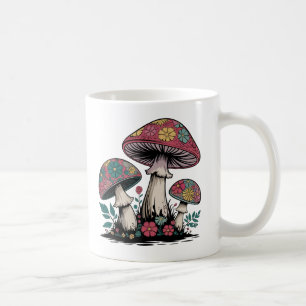 Caneca De Café Ilustração Colorida de Cogumelo e Flor